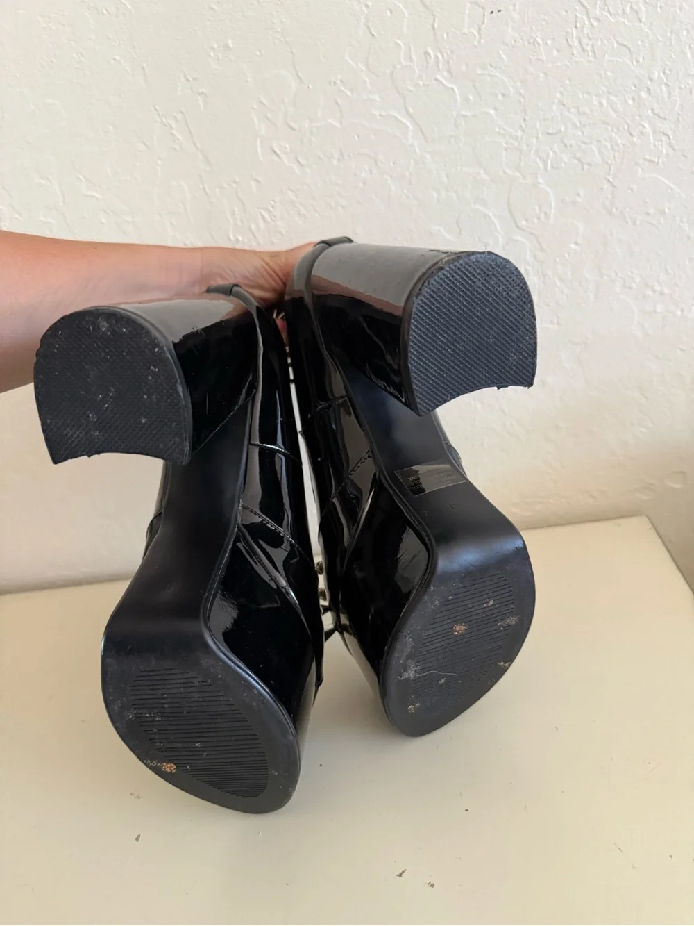 Black Patent Platform Mary Jane Heels with Silver Spikes
